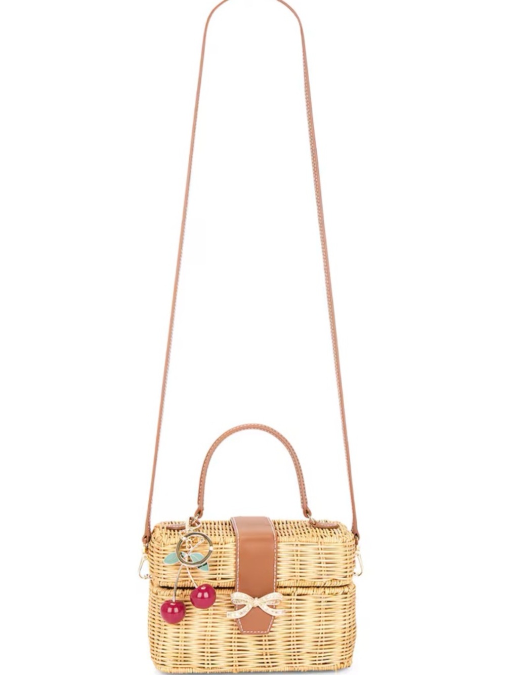 Self-Portrait Tan Rattan Top-Handle Bag with Red Cherry Charm - Picture 5 of 10
